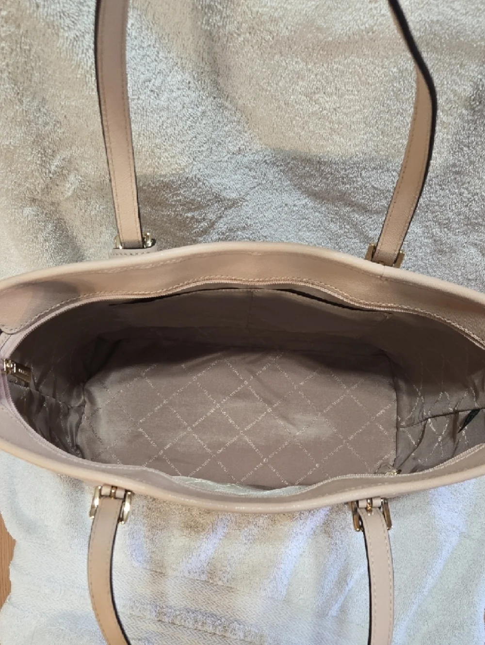 Michael Kors Nude Saffiano Leather Tote with Gold MK Charm - Picture 7 of 8